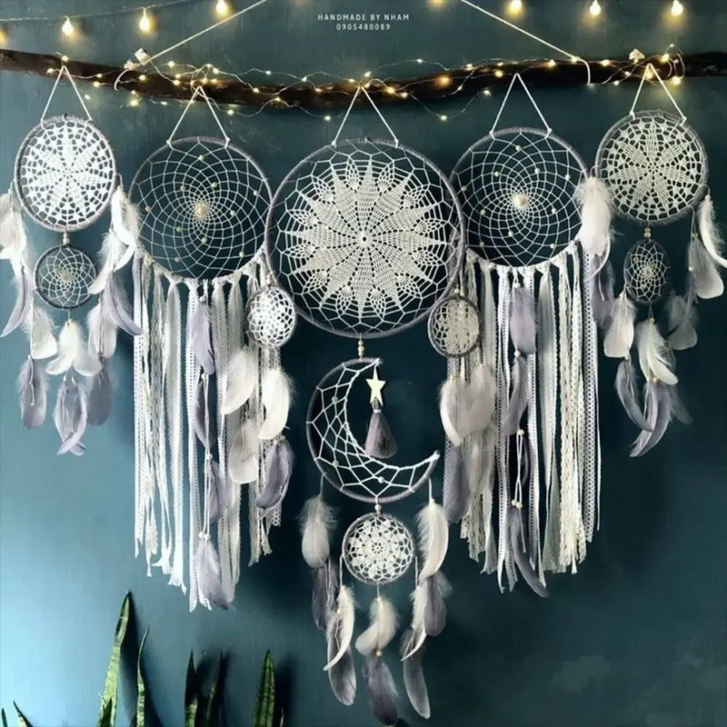 Boho Macrame Dream Catcher Wall Decor Set With Moon Design For Nursery Home 1