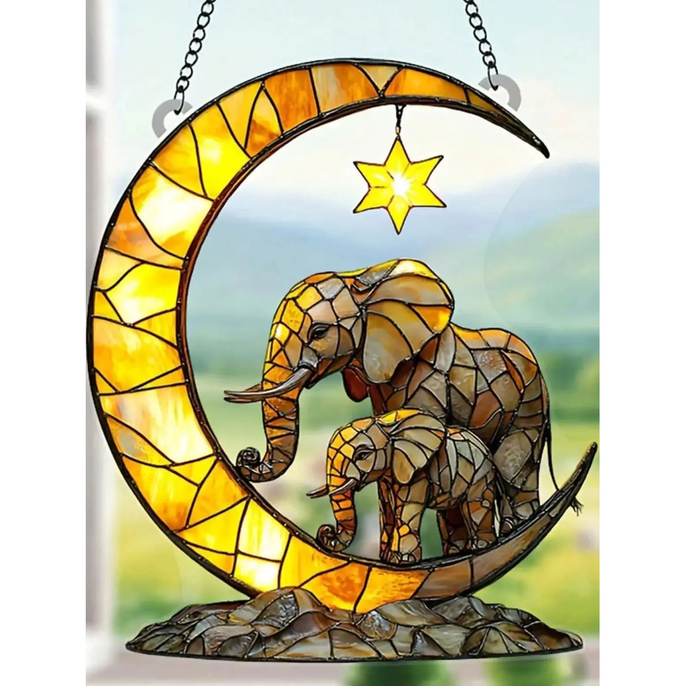 Elephant Family Moon Suncatcher Window Hanging Decor For Bedroom And Garden 1