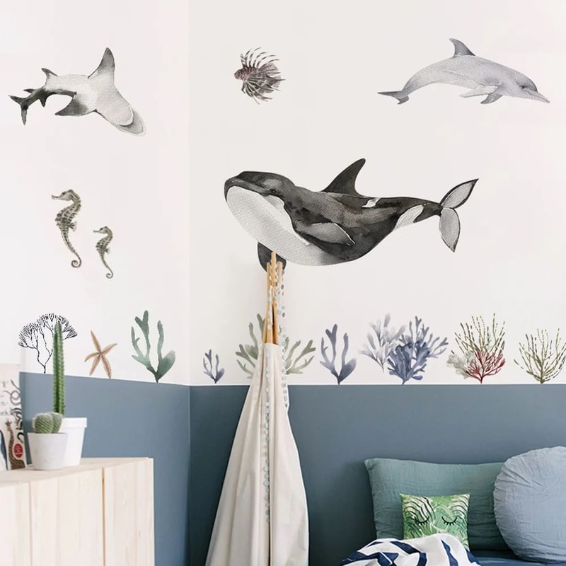 Watercolor Ocean Wall Decals Removable Underwater Wall Stickers For Kids Bathroom Decor 1