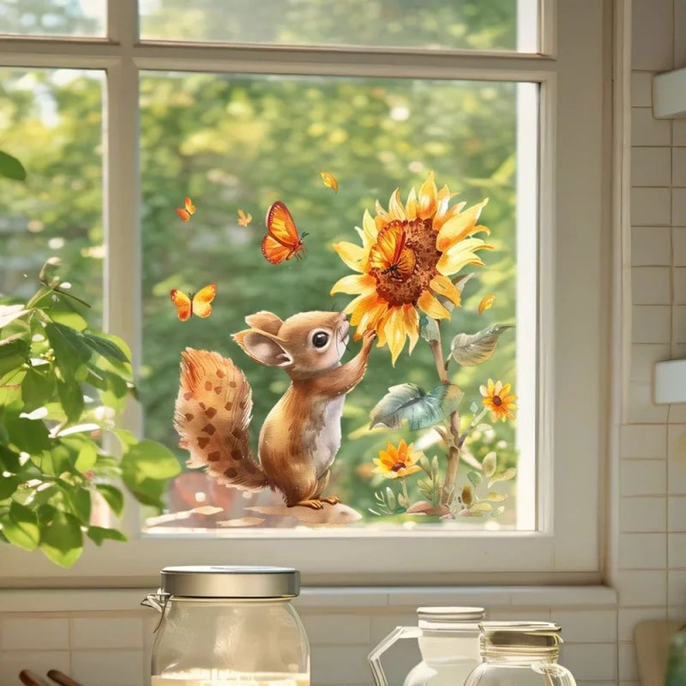 Rustic Watercolor Squirrel Sunflower Animal Wall Decal For Windows And Home Decor 0