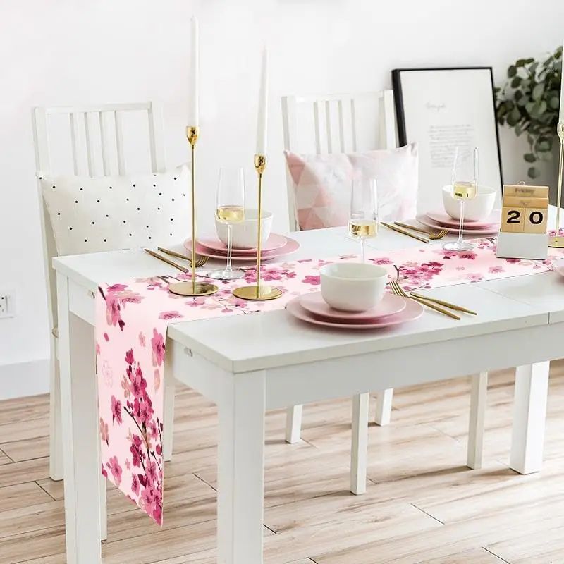Cherry Blossom Linen Spring Table Runner For Farmhouse Dining And Wedding Decor 2
