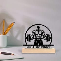 personalized weightlifting metal sculpture with wooden base – custom fitness art gift