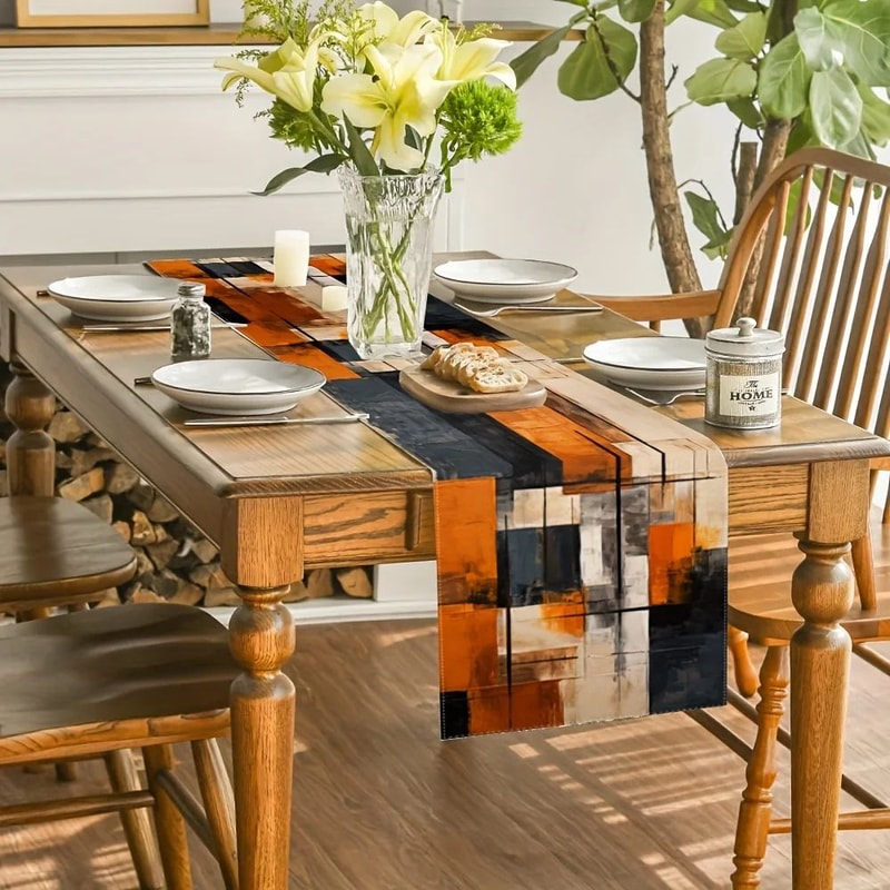 Modern Abstract Linen Table Runner Orange Black Stripe Holiday Decor 3
