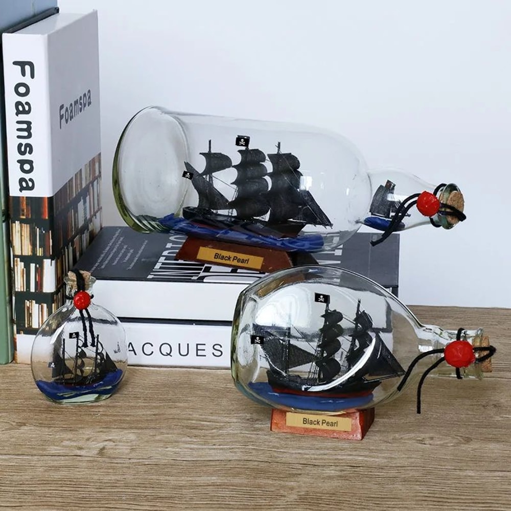 Black Pearl Ship In A Bottle Decor For Desk And Shelf 0