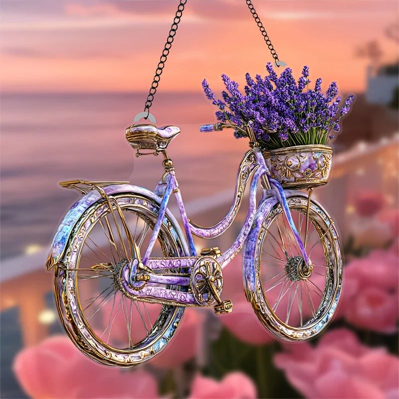 Lavender Bicycle Suncatcher Acrylic Window Hanging With Flower Basket For Home And Garden Decor 1