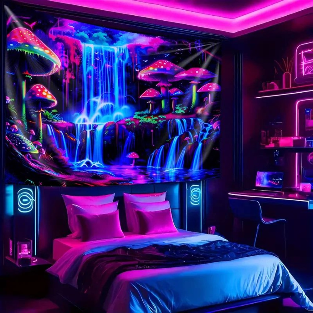 Neon Dream Forest Waterfall Cyberpunk Tapestry For Bedroom And Gaming Room 4