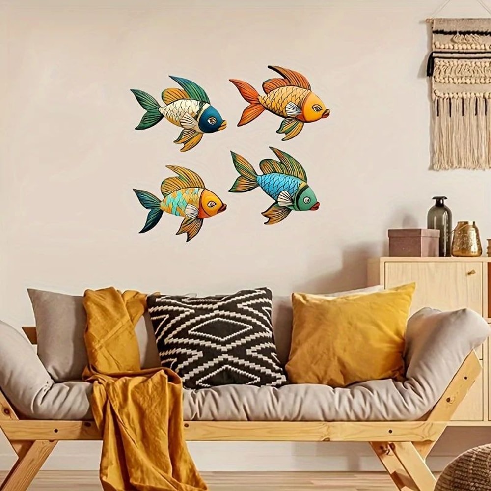 Colorful Tropical Fish Wooden Wall Art Coastal Nautical Decor Set 4pcs 1