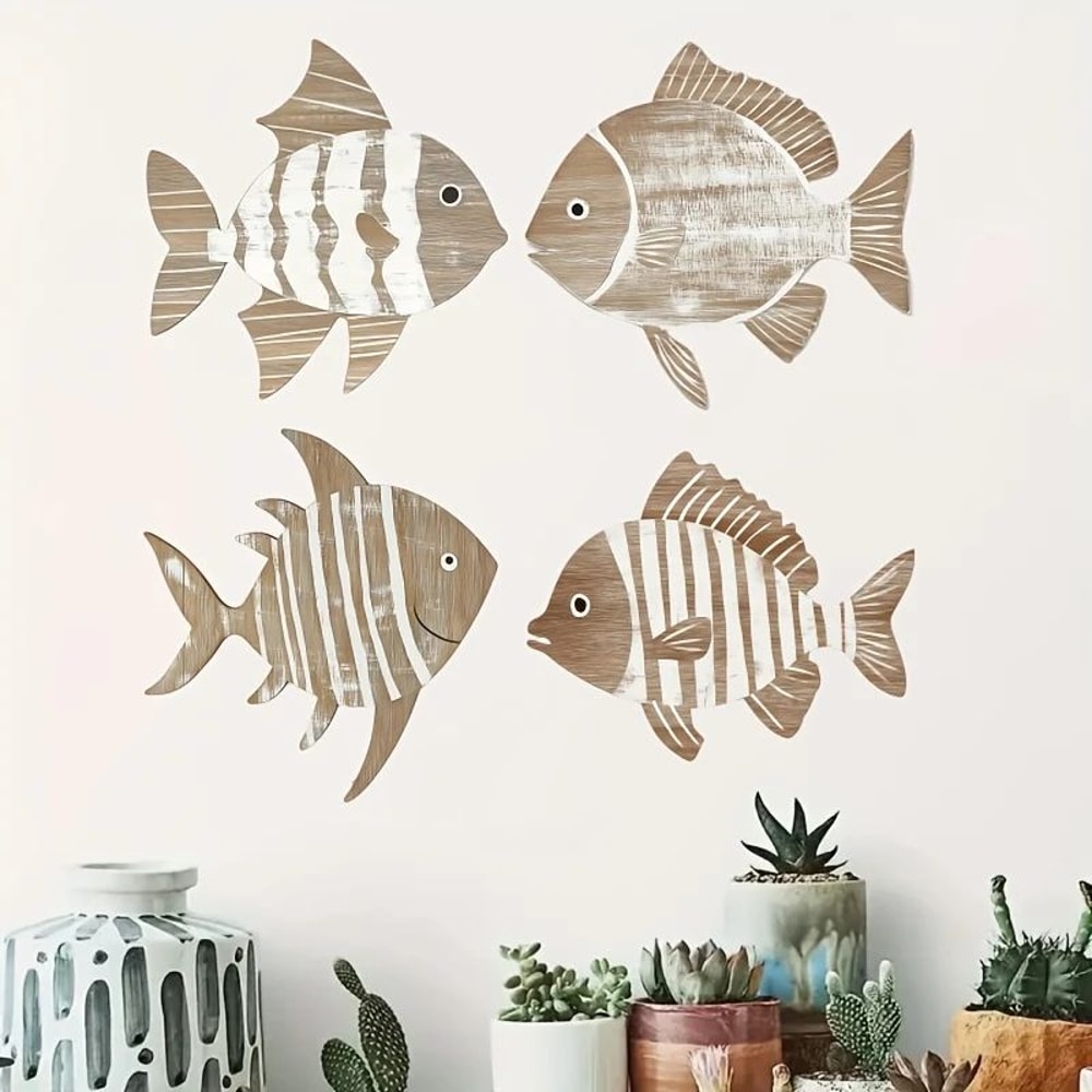 Colorful Tropical Fish Wooden Wall Art Coastal Nautical Decor Set 4pcs 7