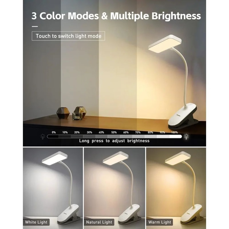 Rechargeable LED Desk Lamp With Clip Flexible Gooseneck Eye Protection Reading Light 1