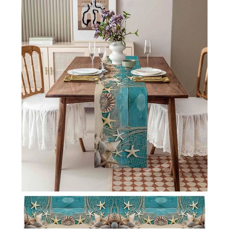 Coastal Starfish Linen Table Runner Summer Beach Table Decor For Dining Parties 1