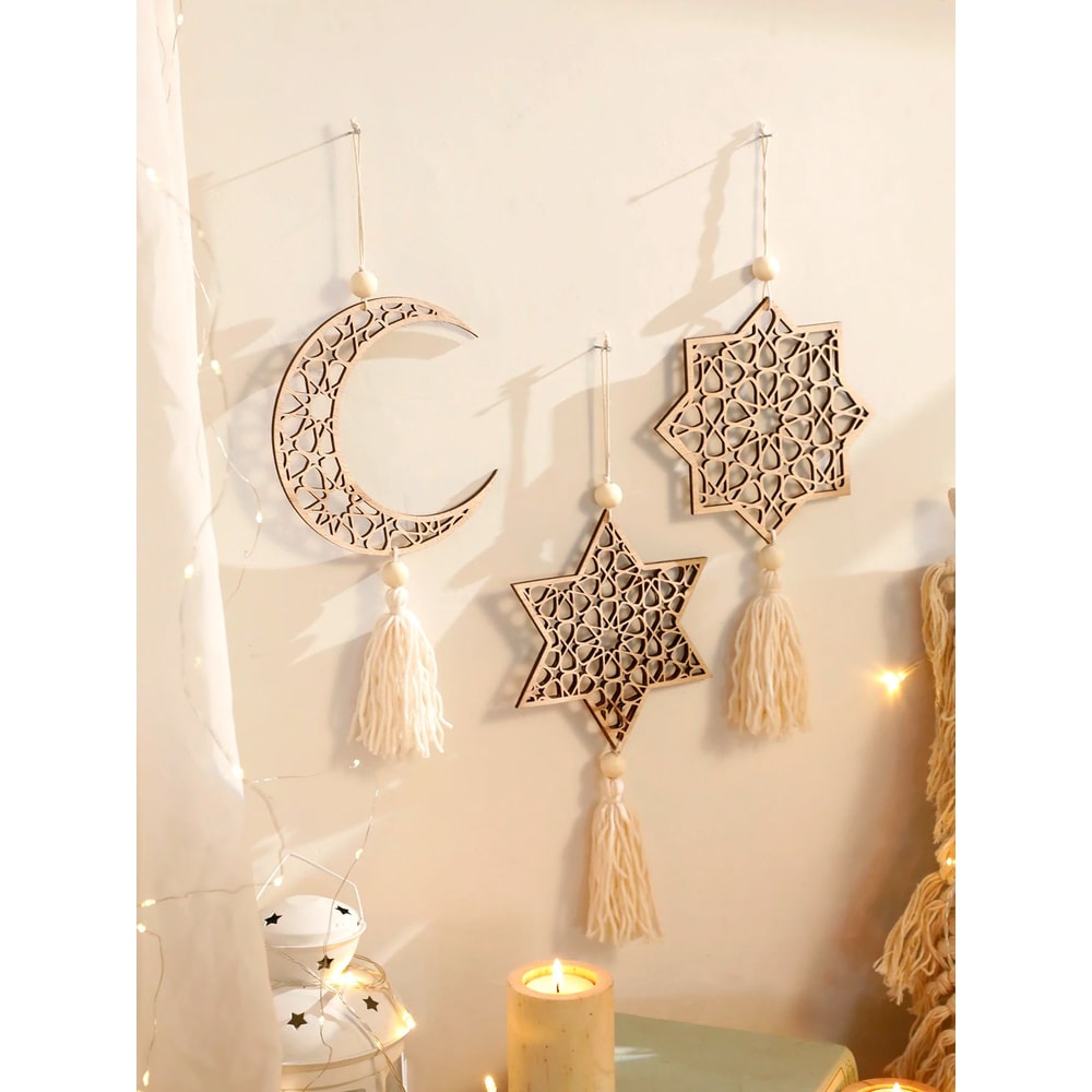 Wooden Ramadan Wall Decor With Tassels For Eid Mubarak Celebrations 1