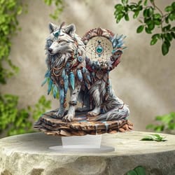 majestic white wolf dream catcher acrylic desk decor for home office and boho spaces