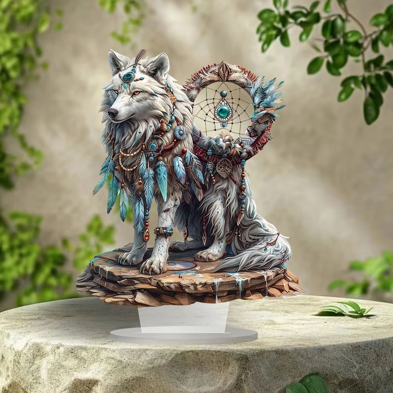 Majestic White Wolf Dream Catcher Acrylic Desk Decor For Home Office And Boho Spaces 0