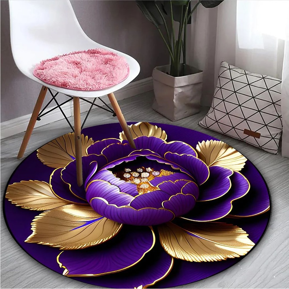 Purple Gold Peony Washable Round Rug Elegant Floral Area Rug For Living Room Bedroom 4