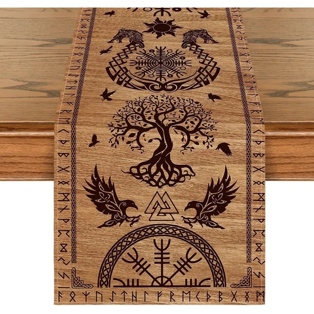 Viking Raven Linen Table Runner With Helm Of Awe Nordic Dining Decor 0