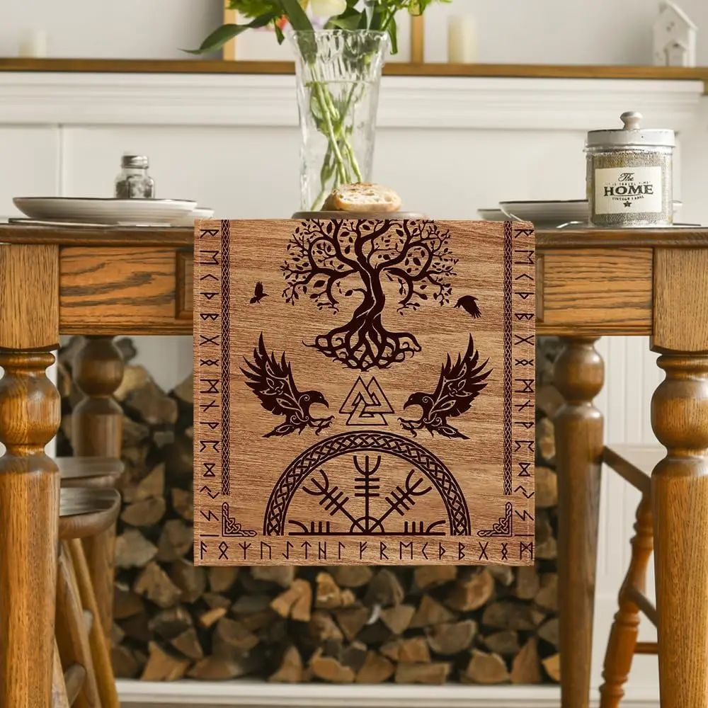 Viking Raven Linen Table Runner With Helm Of Awe Nordic Dining Decor 1