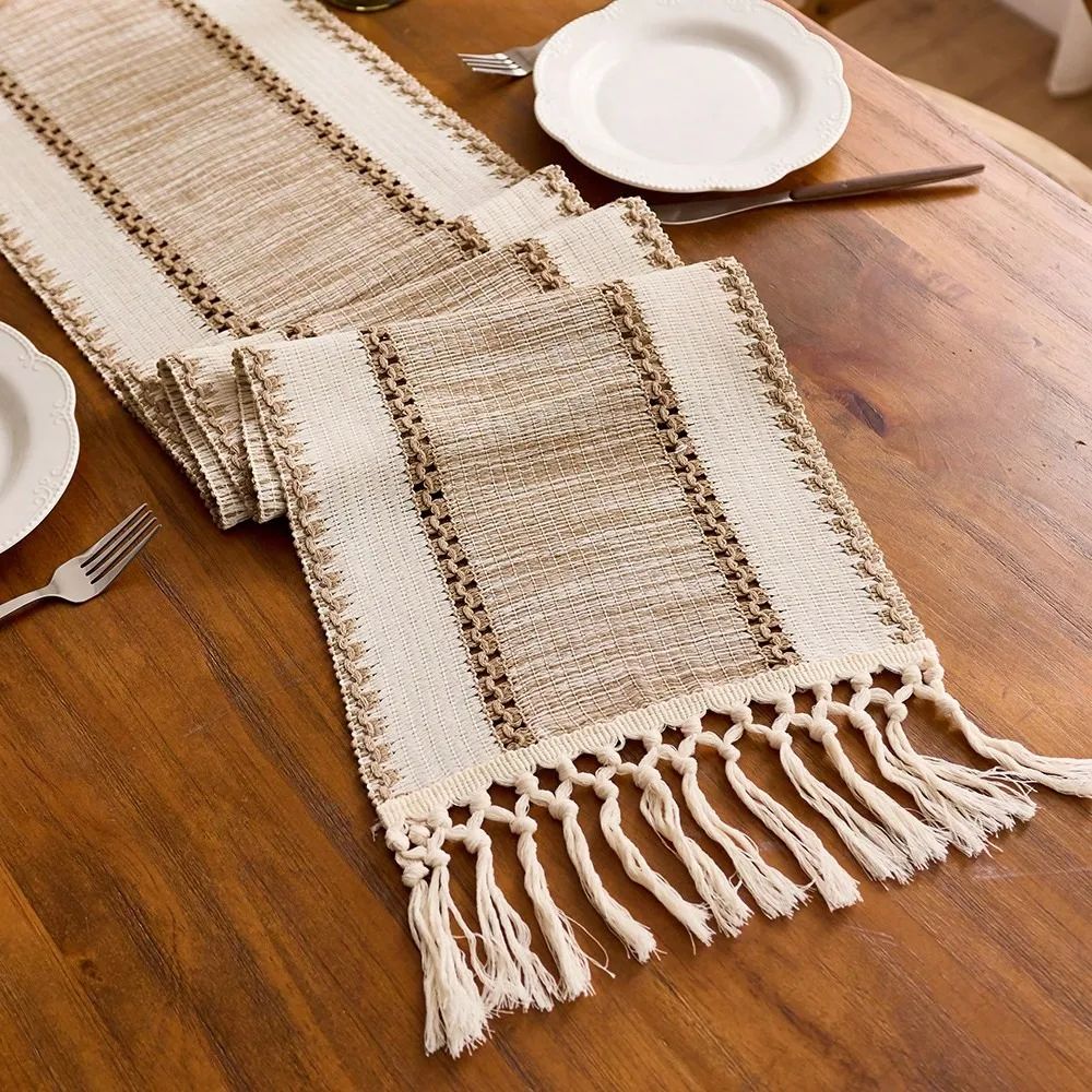 Boho Green Striped Table Runner With Handwoven Tassels For Rustic Home Decor 3