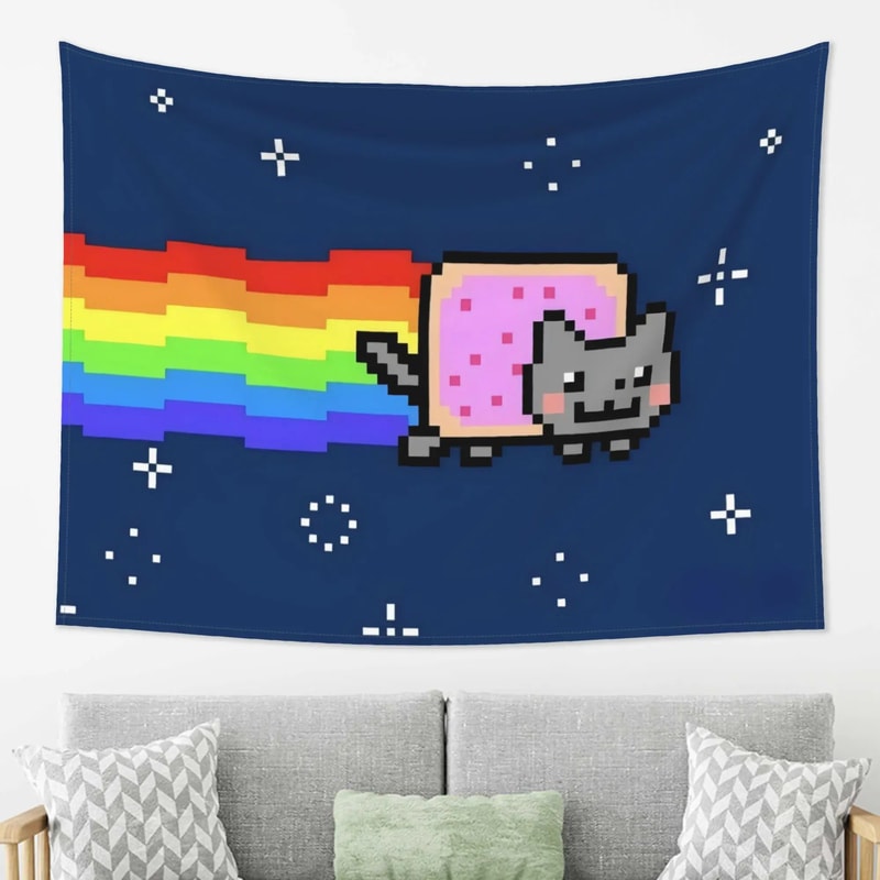Nyan Cat Tapestry Pixel Art Retro Wall Hanging For Gaming Room Decor 1