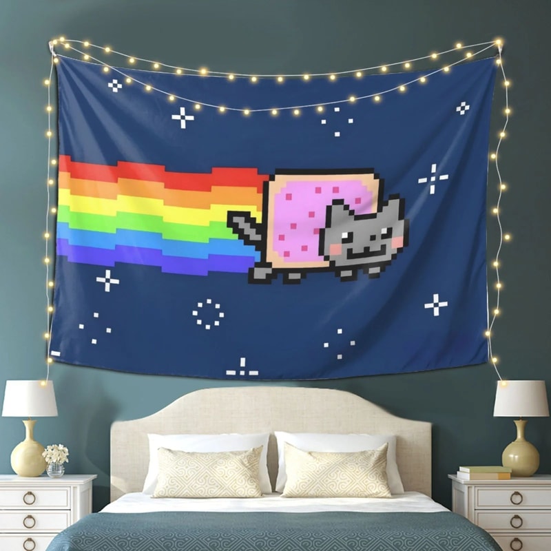 Nyan Cat Tapestry Pixel Art Retro Wall Hanging For Gaming Room Decor 4