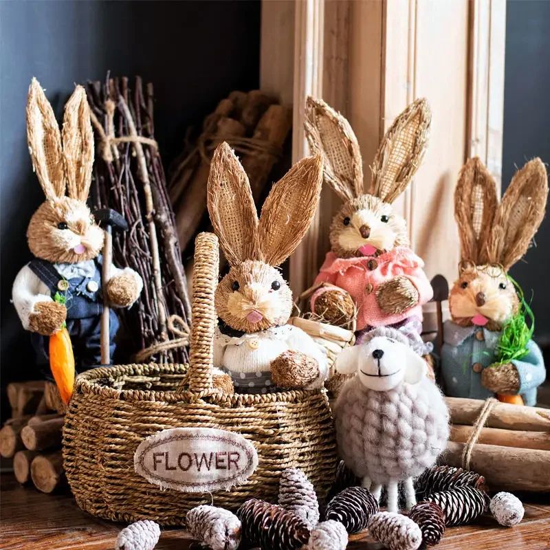 Handcrafted Straw Rabbit Easter Decoration Rustic Bunny Ornament For Home Garden 0