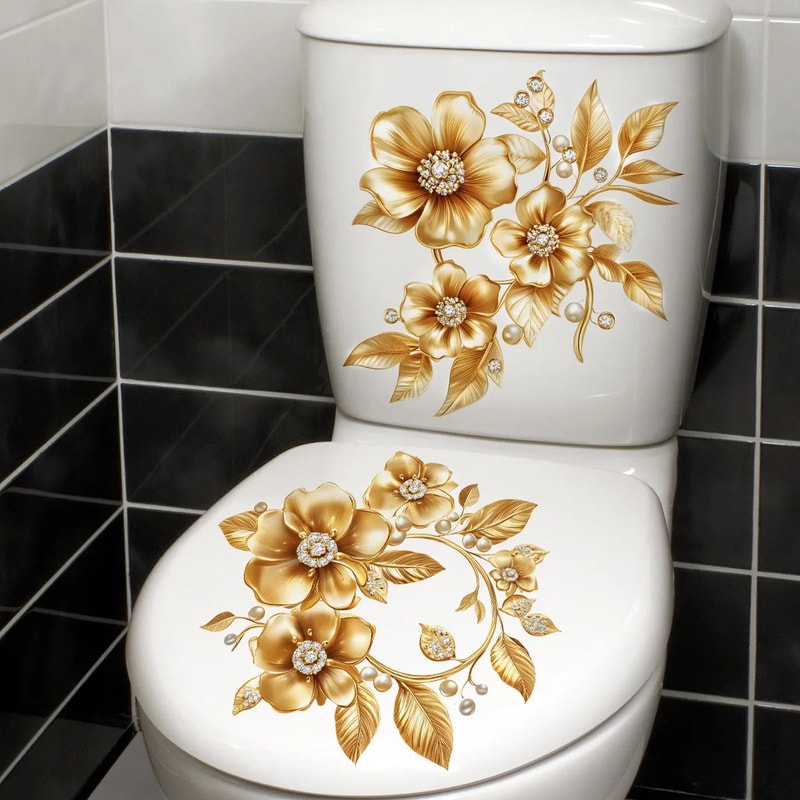 Golden Floral Toilet Seat Sticker Waterproof Selfadhesive Bathroom Toilet Decal 2pcs 7