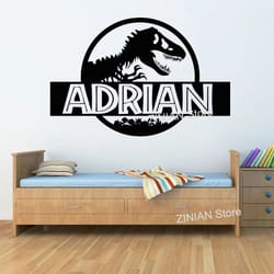 personalized dinosaur wall decal with custom name for kids room, jurassic t-rex nursery wall sticker