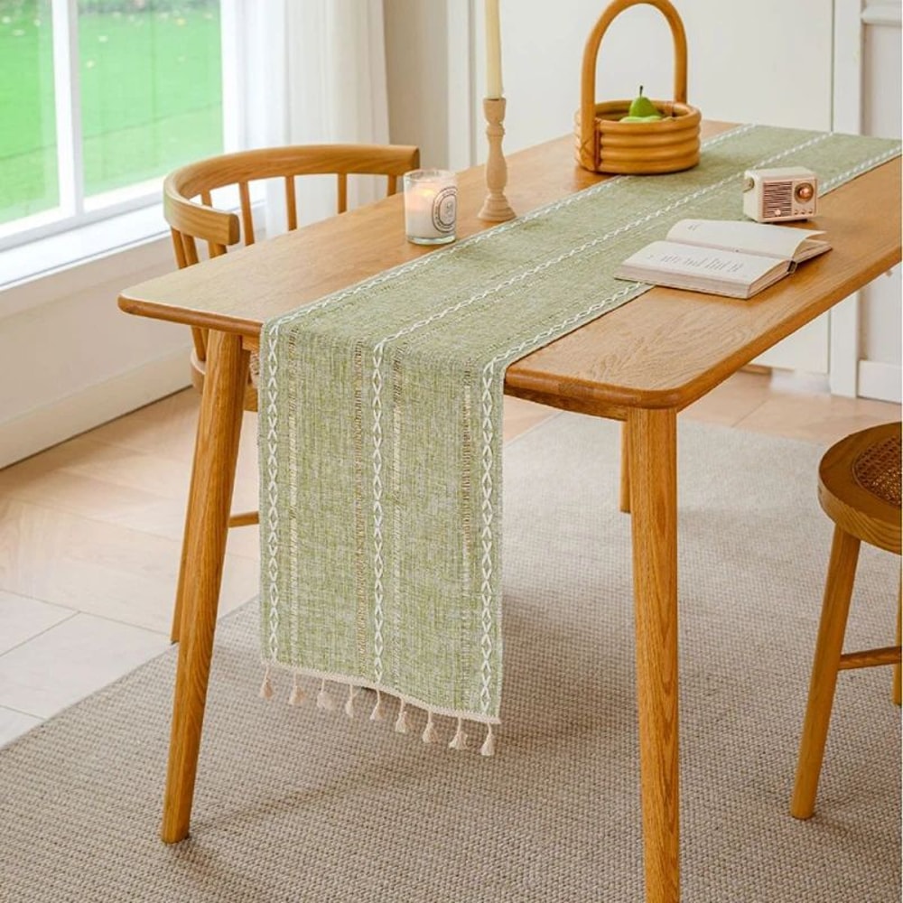 Boho Tassel Cotton Linen Table Runner Rustic Farmhouse Table Decor 7
