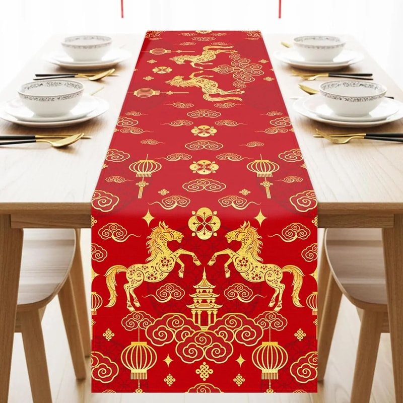 2026 Year Of The Horse Chinese New Year Table Runner In Festive Red And Gold 0