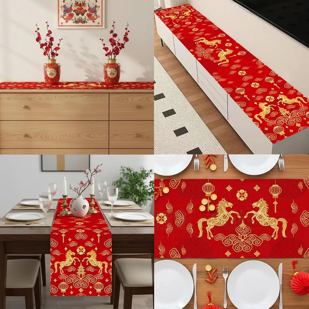 2026 Year Of The Horse Chinese New Year Table Runner In Festive Red And Gold 4