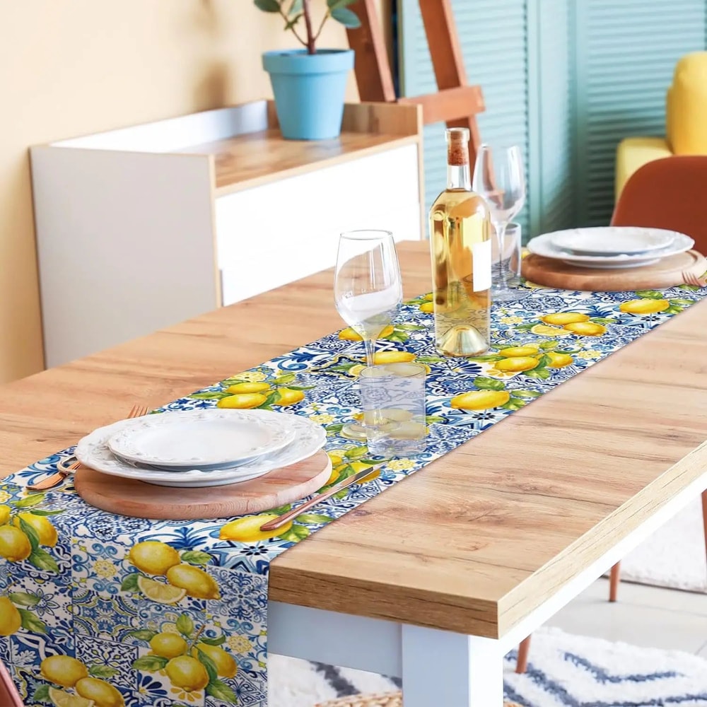 Lemon Tile Linen Table Runner For Farmhouse Dining And Summer Tablescapes 2