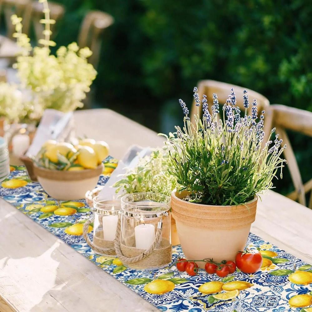 Lemon Tile Linen Table Runner For Farmhouse Dining And Summer Tablescapes 3