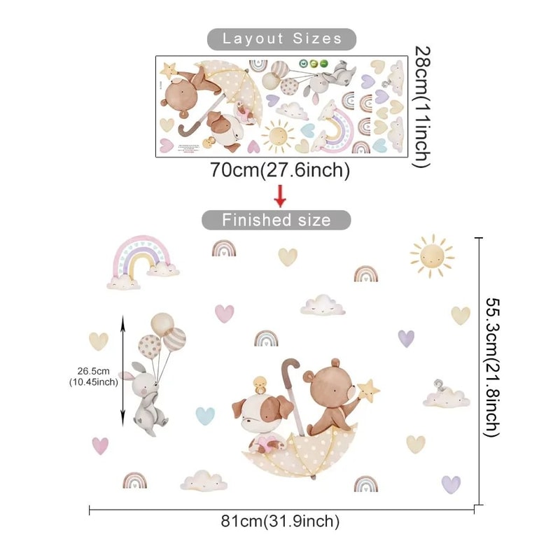 Dreamy Nursery Wall Decals With Bear Rabbit Hot Air Balloons For Kids Room 9
