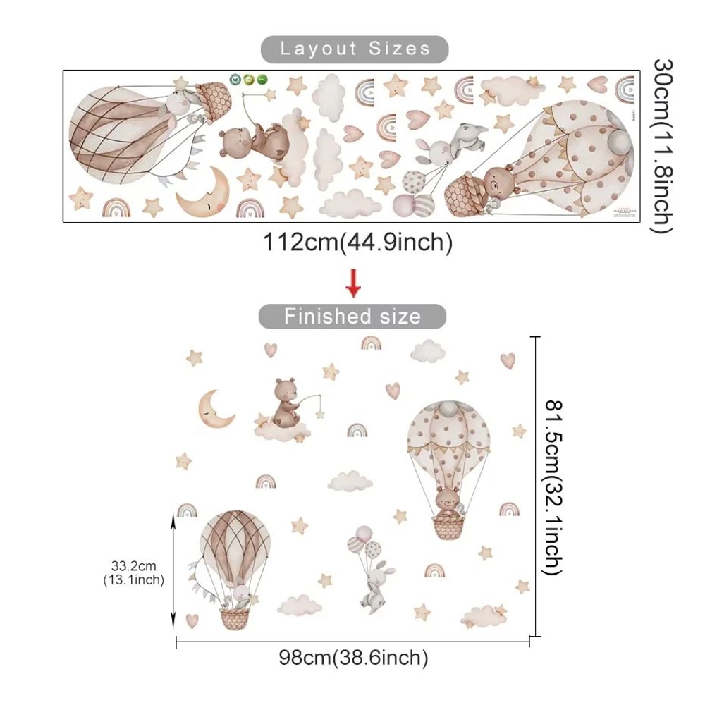 Dreamy Nursery Wall Decals With Bear Rabbit Hot Air Balloons For Kids Room 10