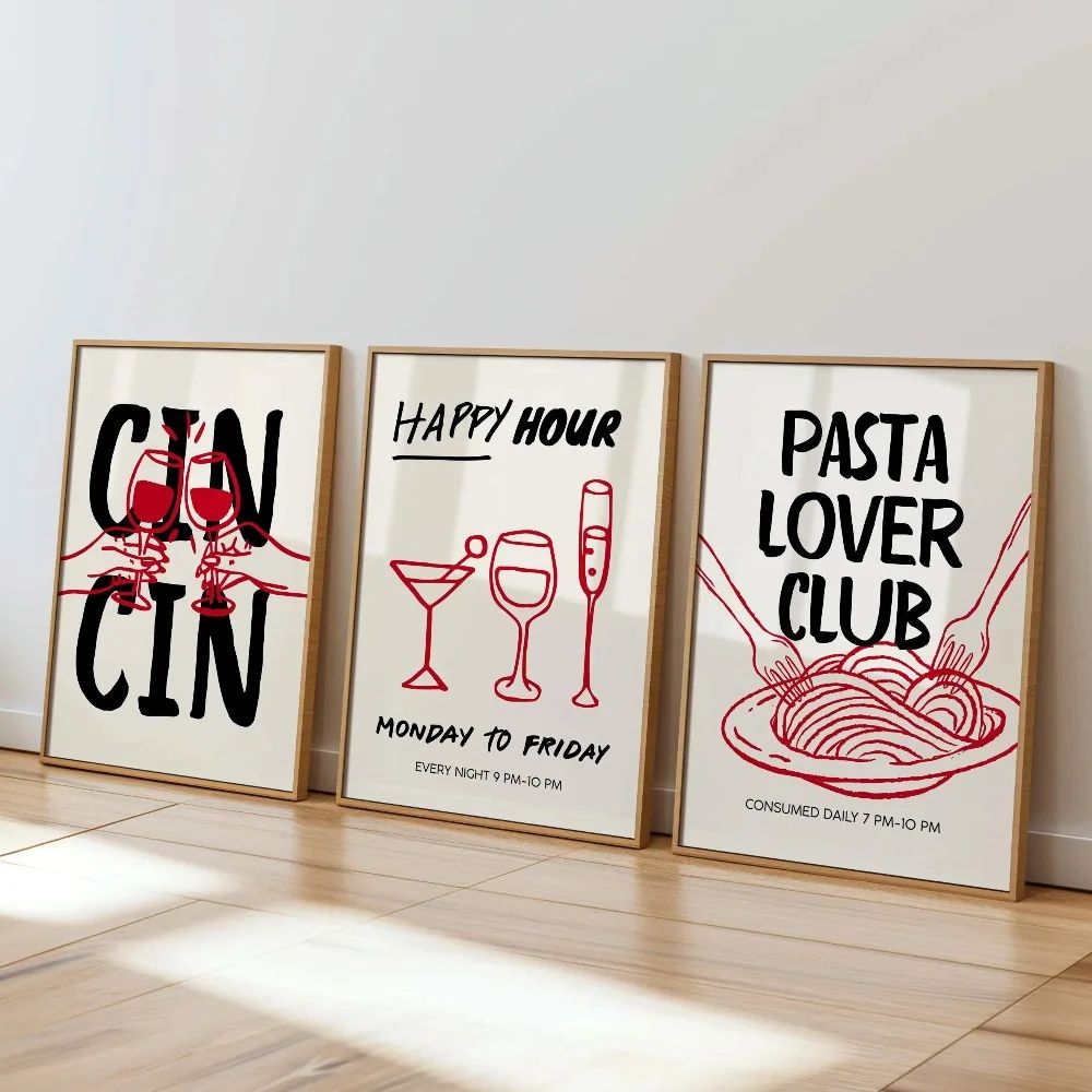 Frameless Cocktail Wall Art Set Retro Happy Hour Wall Decor Kitchen Wall Art Prints 3pcs 11