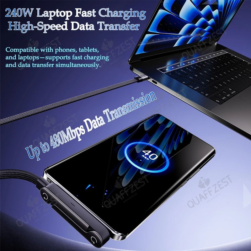 240W Fast Charging Cable With Foldable Phone Holder 2in1 Charging Stand Cable 4