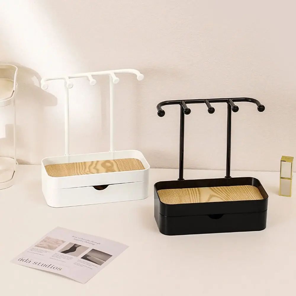 Elegant Wooden Base Jewelry Organizer Stand With Drawer Necklace Display Rack 2