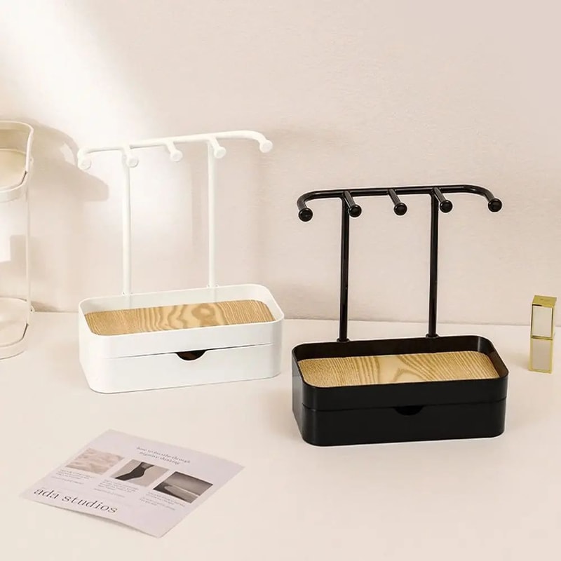 Elegant Wooden Base Jewelry Organizer Stand With Drawer Necklace Display Rack 2