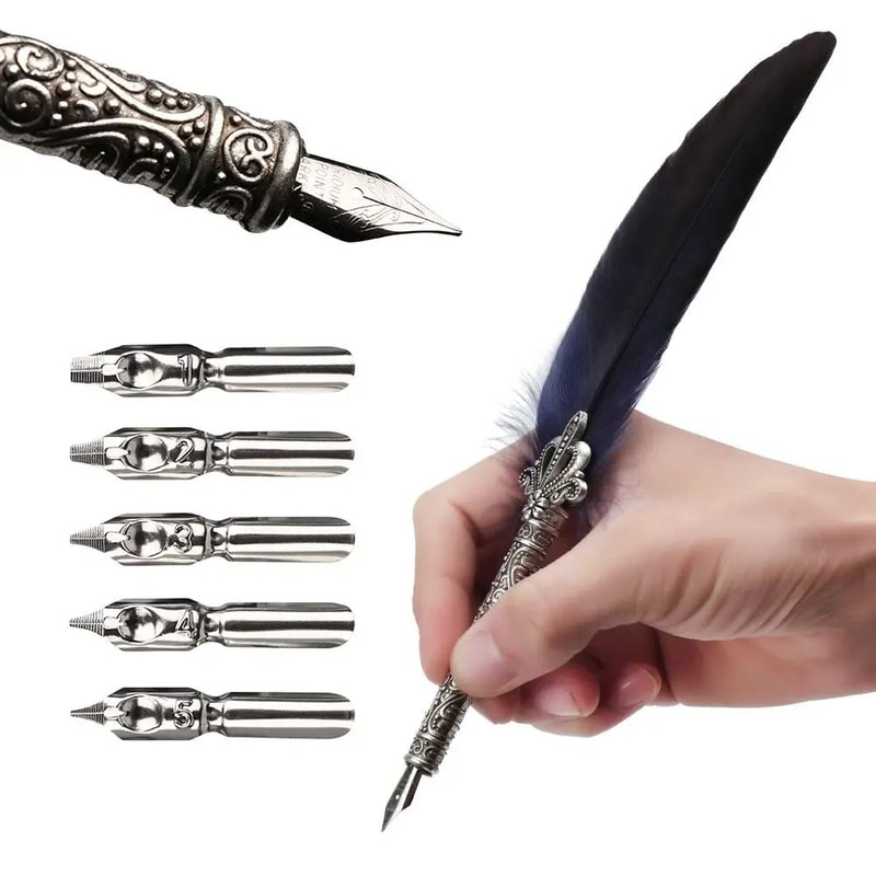 Luxury Feather Quill Pen Set With Ink Nibs Vintage Calligraphy Gift Box 1