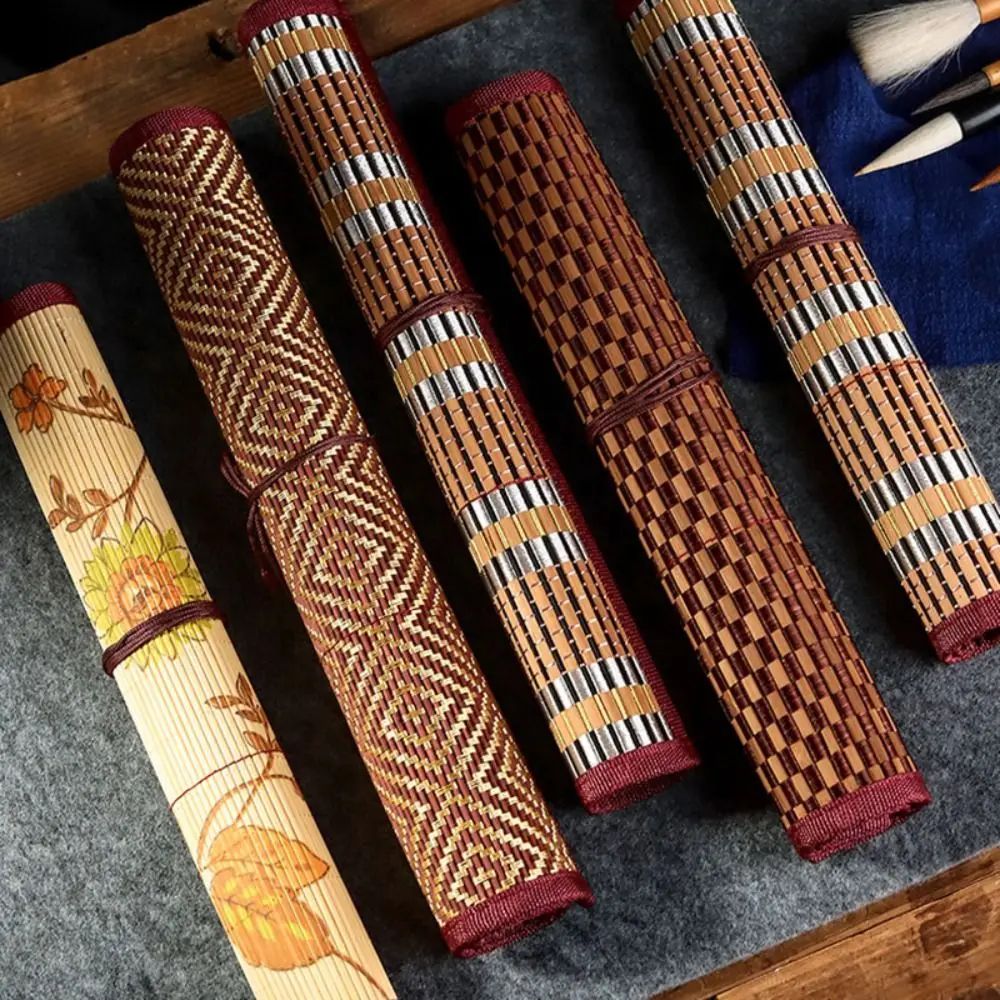Vintage Bamboo Calligraphy Brush Holder Roll Large Capacity Art Supplies Organizer 0