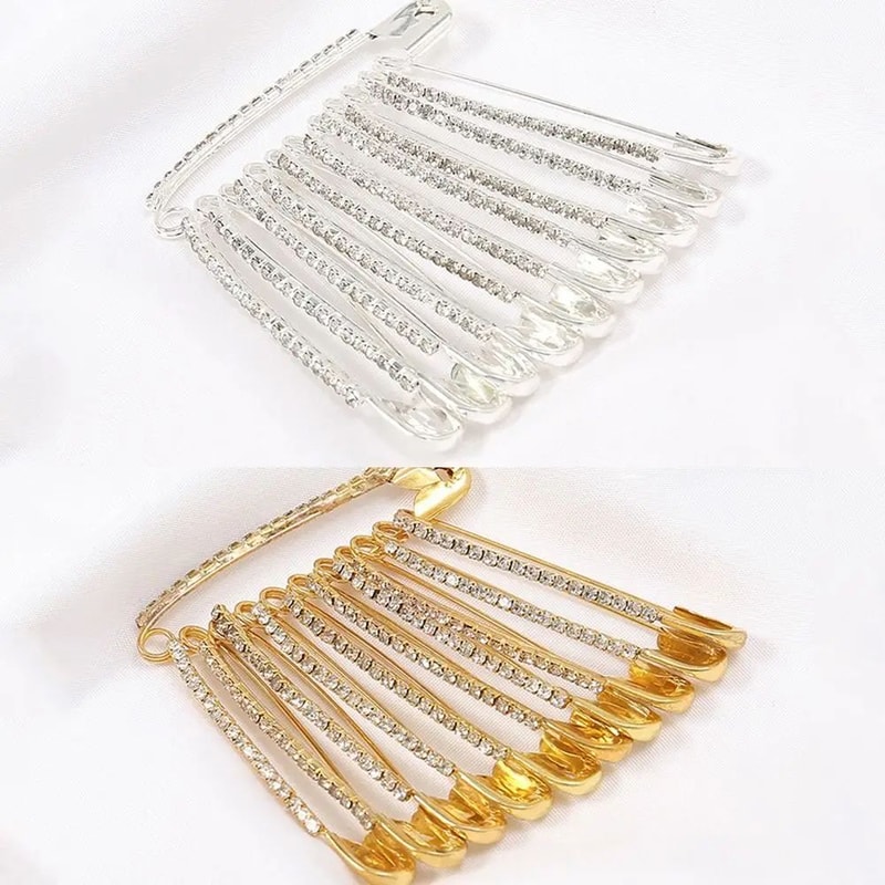 Elegant Gold Rhinestone Brooch Safety Pin Clip For Sweaters Shawls Hats 8