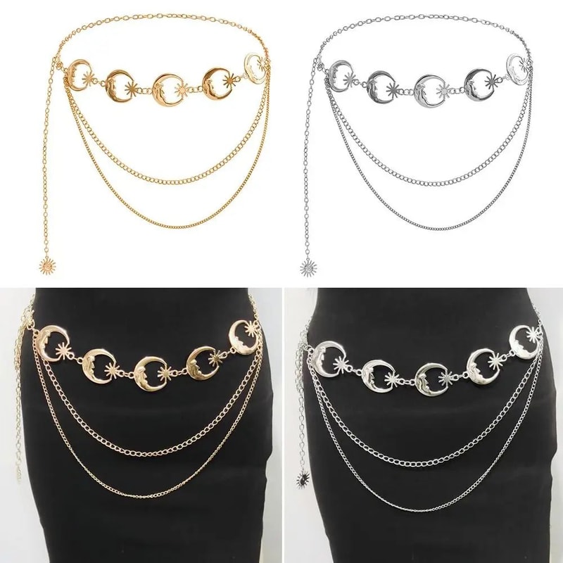 Vintage Moon Layered Waist Chain Belt For Women Punk Hip Hop High Waist Statement Accessory 0