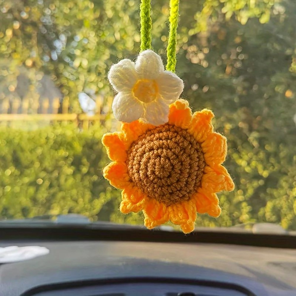 Handmade Sunflower Car Hanging Ornament Woven Rearview Mirror Charm Decor 1