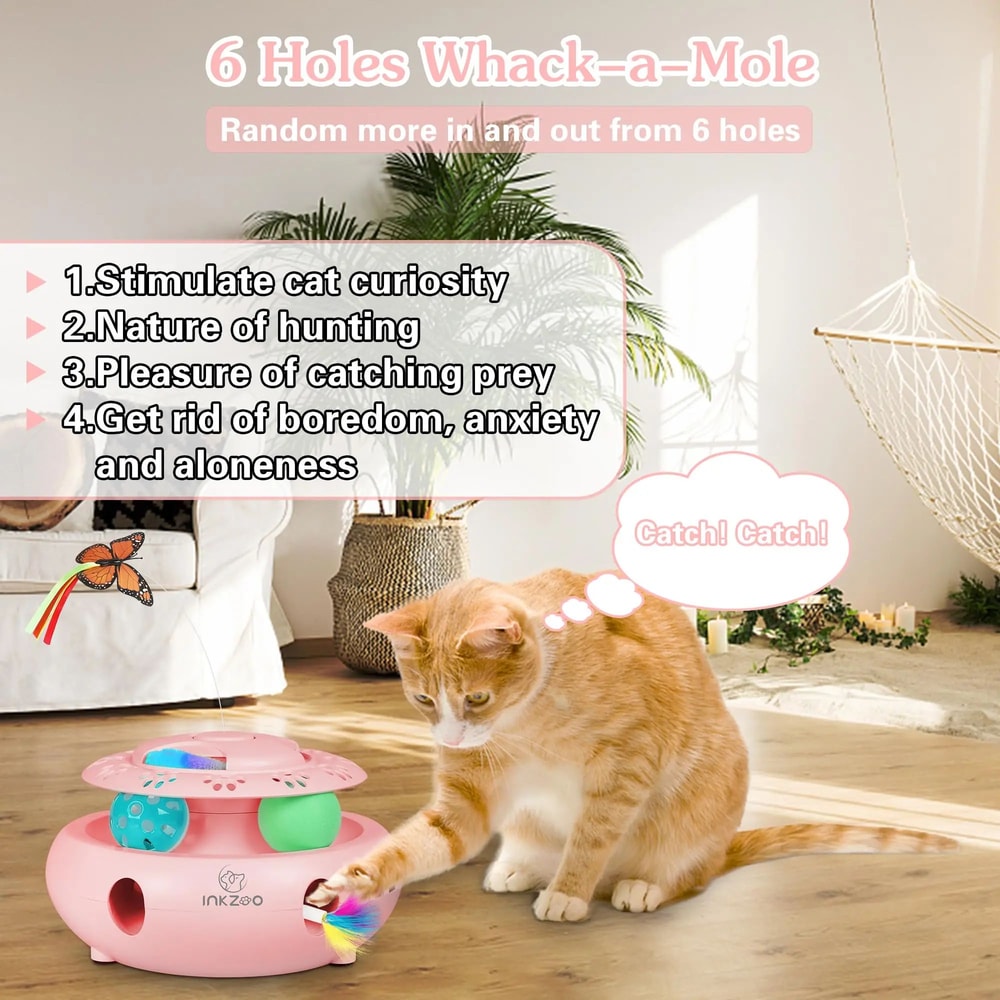 PurrPlay 4in1 Interactive Cat Toy With Butterfly Chase WhackaMole Track Ball Fun 2