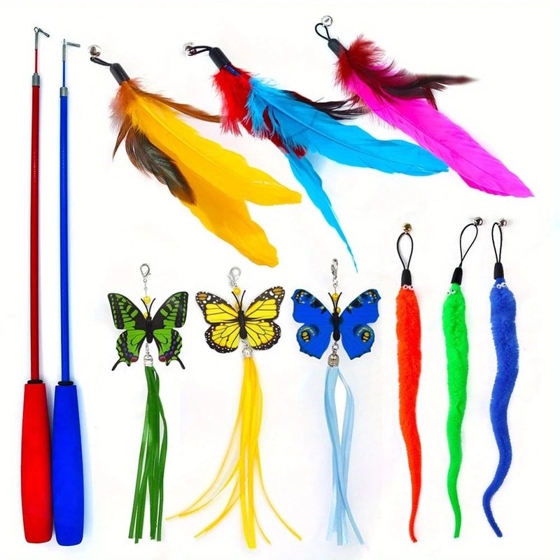 11Piece Interactive Cat Toys Feather Wand Set With Bells 4