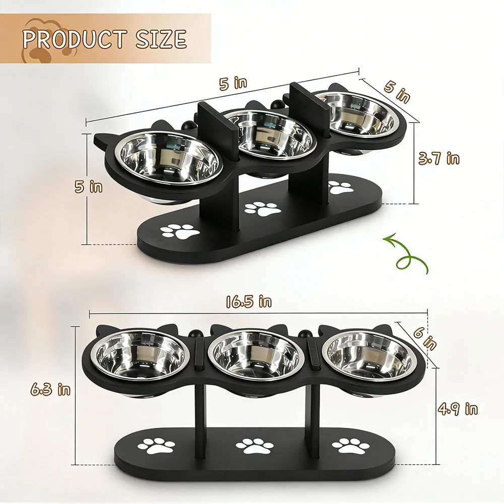 Elevated Black Cat Ear Feeding Station With Stainless Steel Bowls For Indoor Cats 3