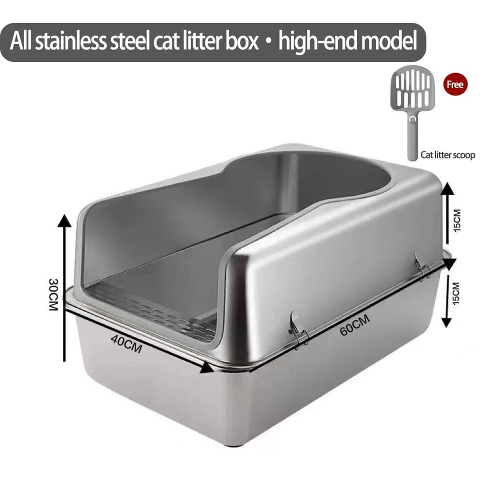 XL Stainless Steel Cat Litter Box With Lid And High Sides 8
