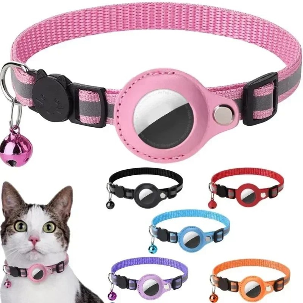 Reflective AirTag Cat Collar With GPS Holder Safety Bell For Indoor And Outdoor Cats 0