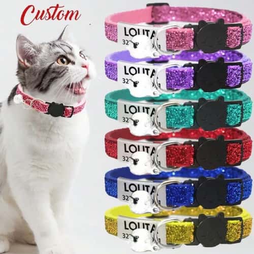 Personalized Glitter Breakaway Cat Collar with Engraved ID Tag for Kittens & Cats
