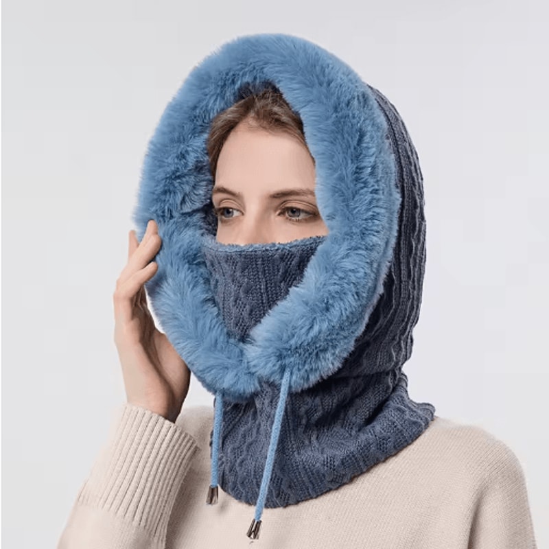 Women Winter Hooded Balaclava Hat With Neck Warmer Knitted Plush Windproof Cap 1