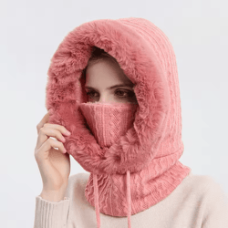women winter hooded balaclava hat with neck warmer knitted plush windproof cap